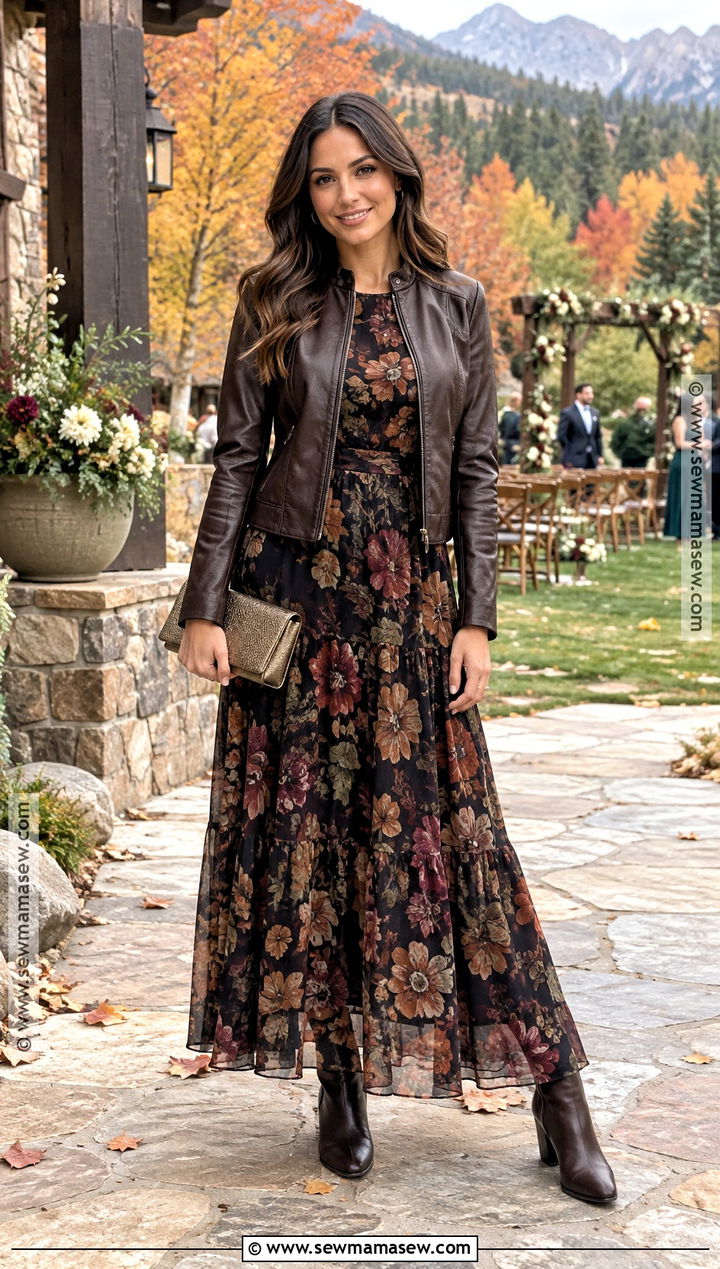 Dark Floral Maxi Dress Fall Mountain Wedding Outfit - 15 fall mountain wedding guest outfit ideas