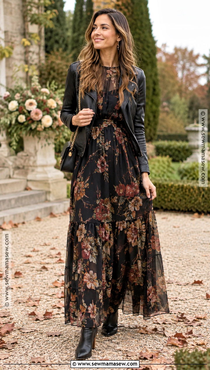 Dark Floral Maxi Dress Fall Outfit - 25 dressy fall outfits
