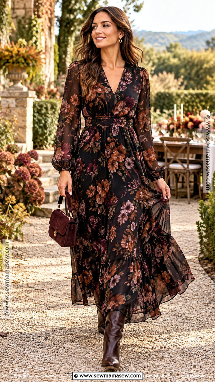 Dark Floral Maxi Dress Fall Party Outfit - 20 fall party outfits for women