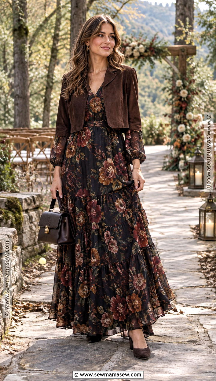 Dark Floral Maxi Dress Fall Wedding Guest Outfit - 25 casual fall wedding outfit guest ideas