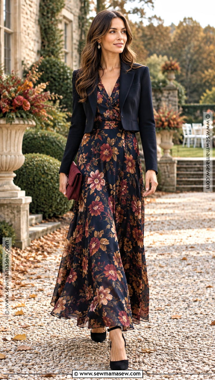 Dark Floral Maxi Dress Fall Wedding Outfit - 15 Fall Wedding Outfits For Women Guest