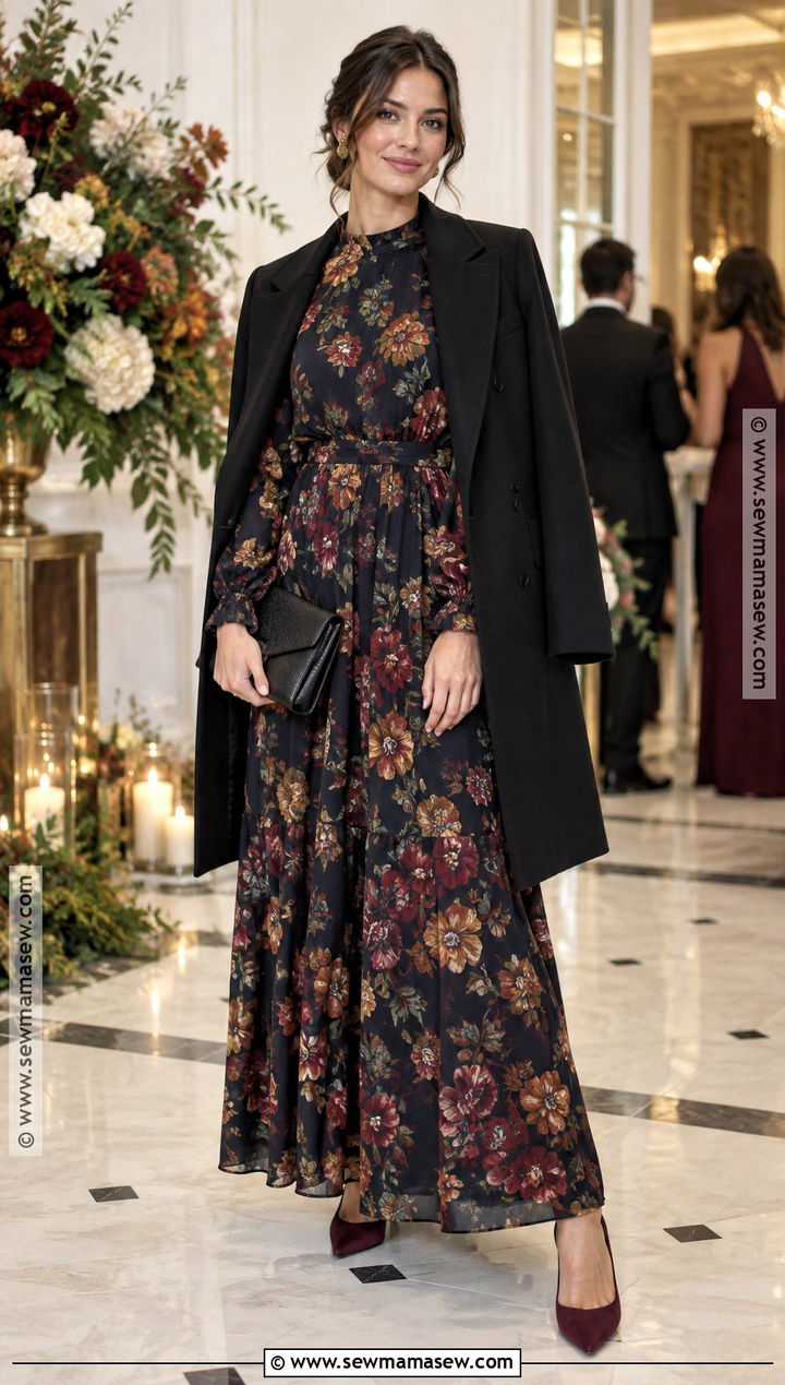 Dark Floral Maxi Dress For A November Wedding - 25 november wedding guest outfits