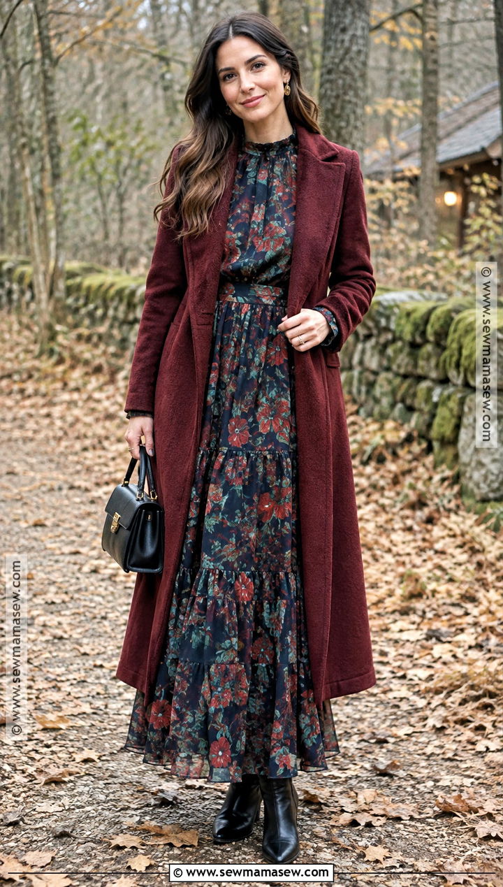 Dark Floral Maxi Dress With Ankle Boots - 15 november outdoor wedding guest outfit ideas