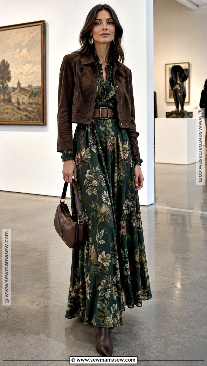 Dark Floral Maxi Dress With Belt And Boots - 20 fall floral dress ideas