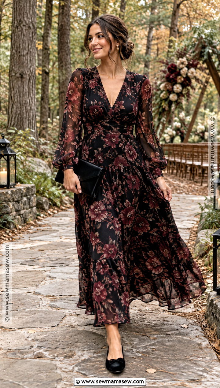 Dark Floral Maxi Dress With Black Ballet Flats - 15 fall wedding guest dress with flats ideas