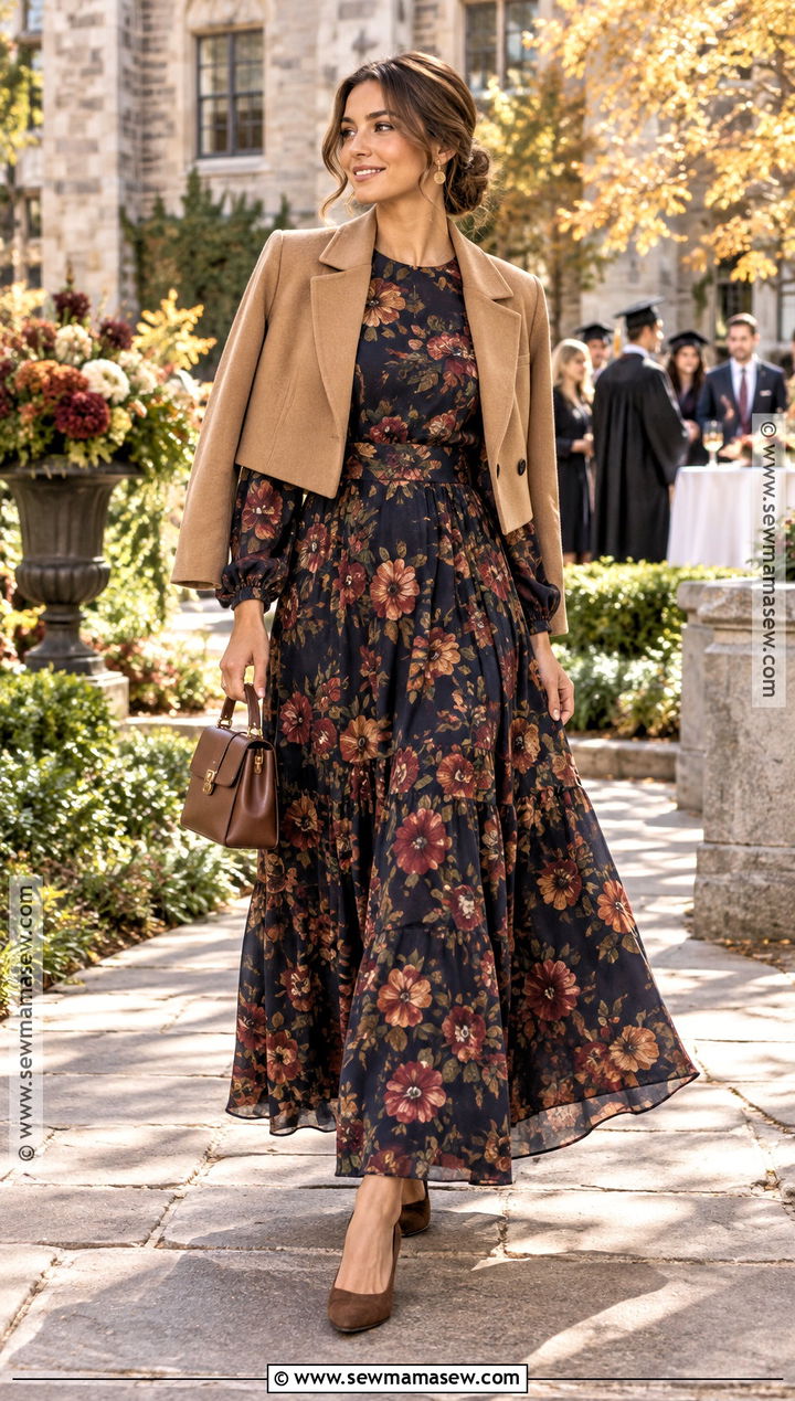 Dark Floral Maxi Dress With Block Heels - 15 fall graduation guest outfit ideas