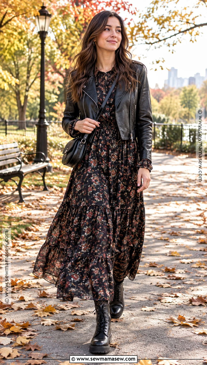Dark Floral Maxi Dress With Lace Up Boots - 25 fall dresses with boots