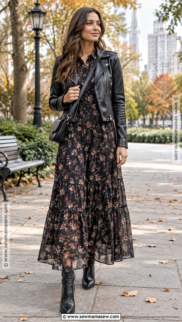 Dark Floral Maxi Dress With Moto Jacket And Boots - 25 autumn outfits dress
