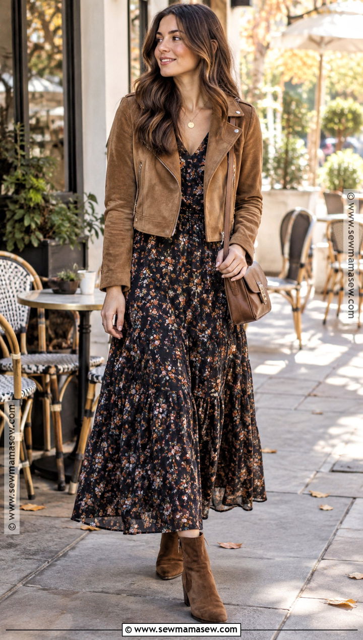 Dark Floral Maxi Dress With Suede Jacket - 25 autumn dresses