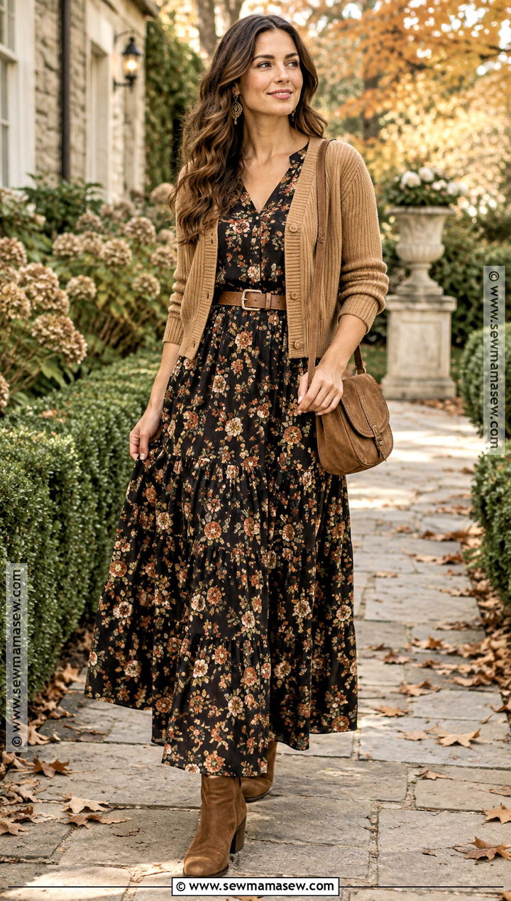 Dark Floral Maxi Dress and Boots Autumn Outfit - 25 cute autumn outfits aesthetic