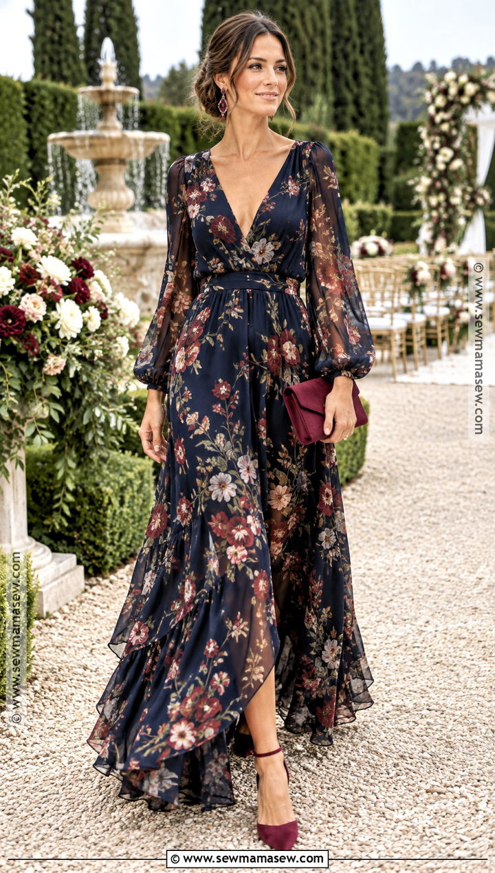 Dark Floral Maxi Dress and Burgundy Heels - 15 September Wedding Outfits
