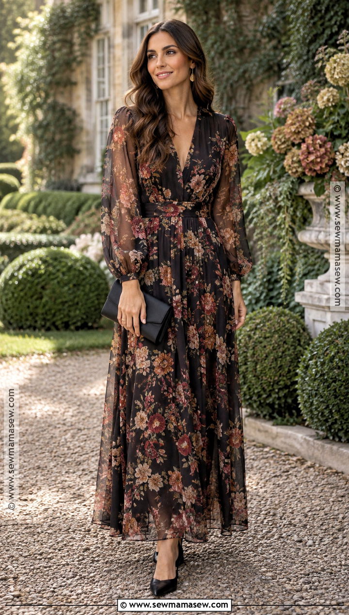 Dark Floral Maxi Dress for an Autumn Wedding - 15 autumn wedding outfit ideas