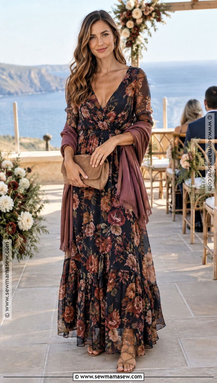 Dark Floral Maxi Fall Beach Wedding Guest Dress - 20 fall beach wedding guest dress ideas