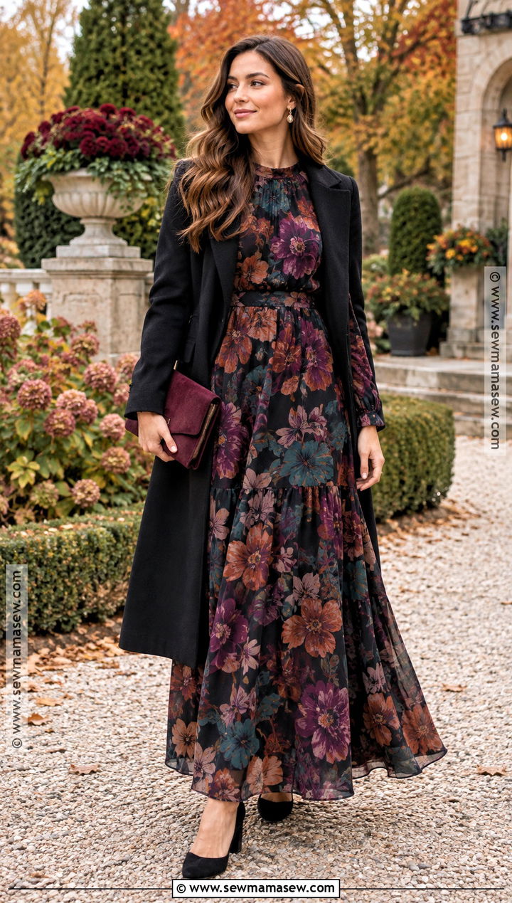 Dark Floral Maxi Fall Wedding Guest Dress - 25 wedding guest outfit fall ideas