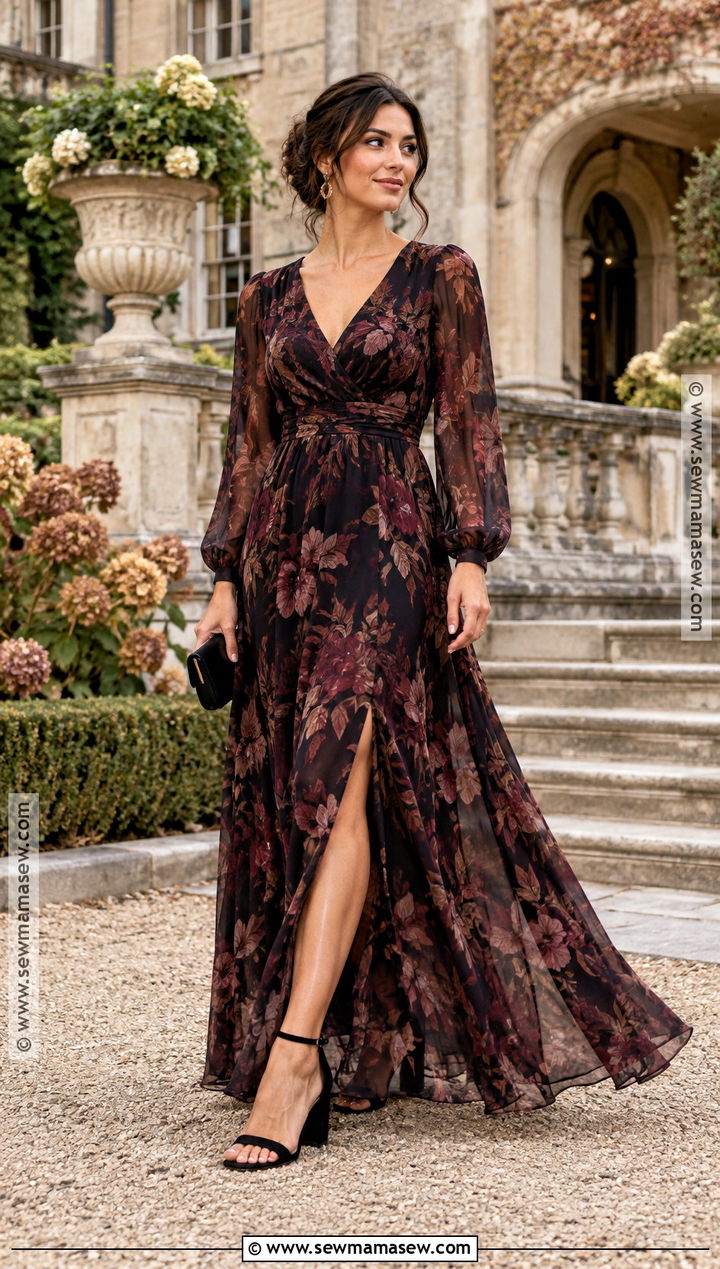 Dark Floral Maxi Fall Wedding Guest Outfit - 25 semi formal fall wedding guest attire ideas
