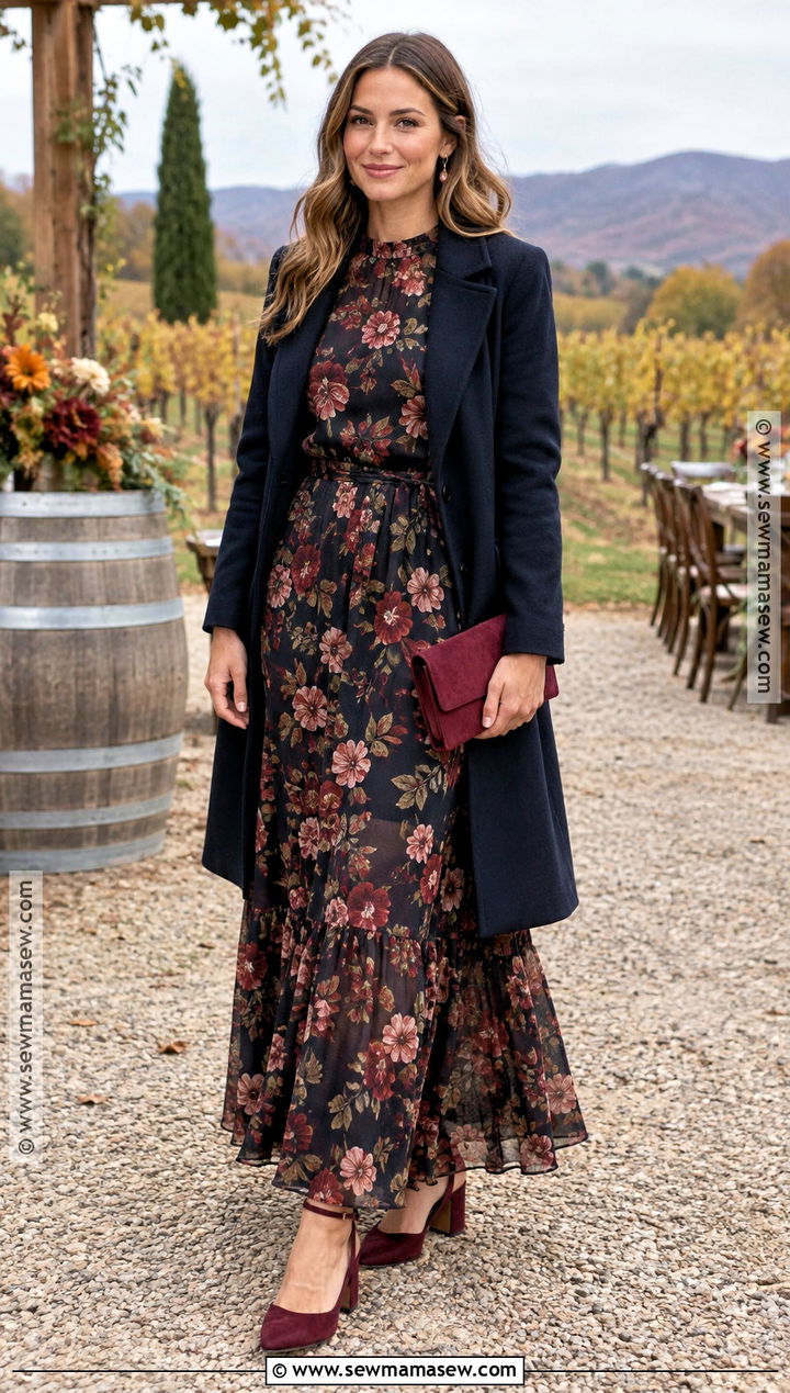Dark Floral Maxi October Wedding Outfit - 20 october wedding outfit ideas