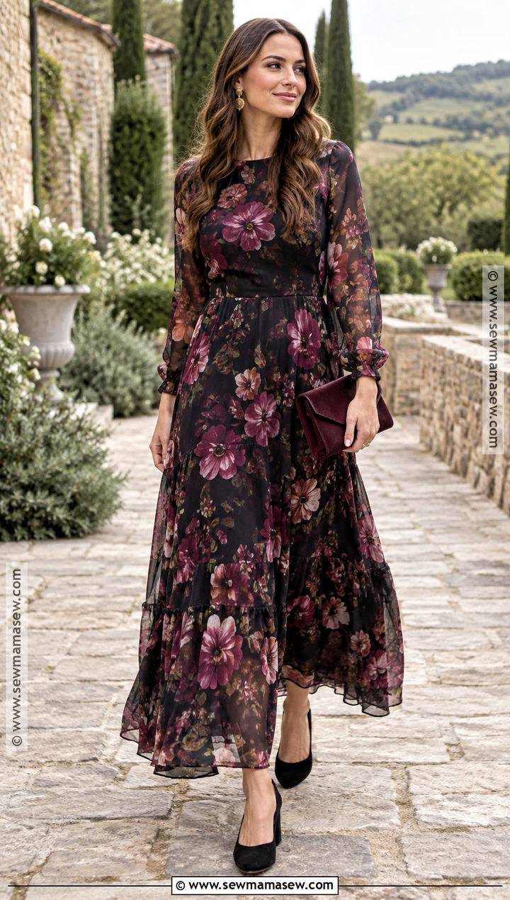 Dark Floral Maxi Wedding Guest Dress - 25 wedding guest dress autumn ideas
