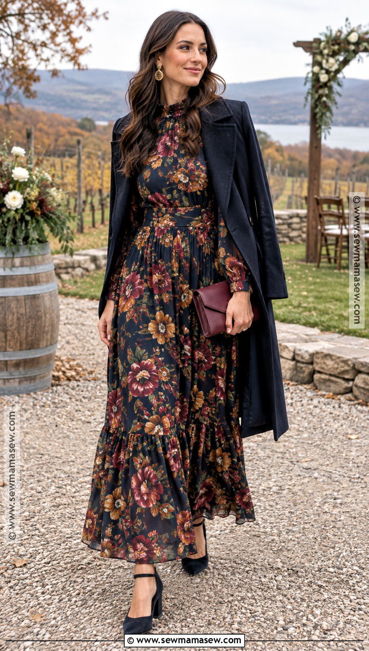 Dark Floral Maxi Wedding Guest Outfit - 20 fall wedding guest outfit november ideas