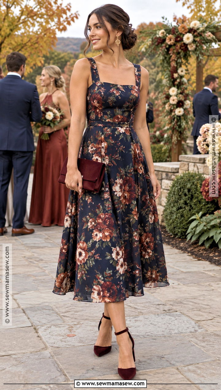 Dark Floral Midi Bridesmaid Dress - 15 Fall 2026 Bridesmaid Dresses