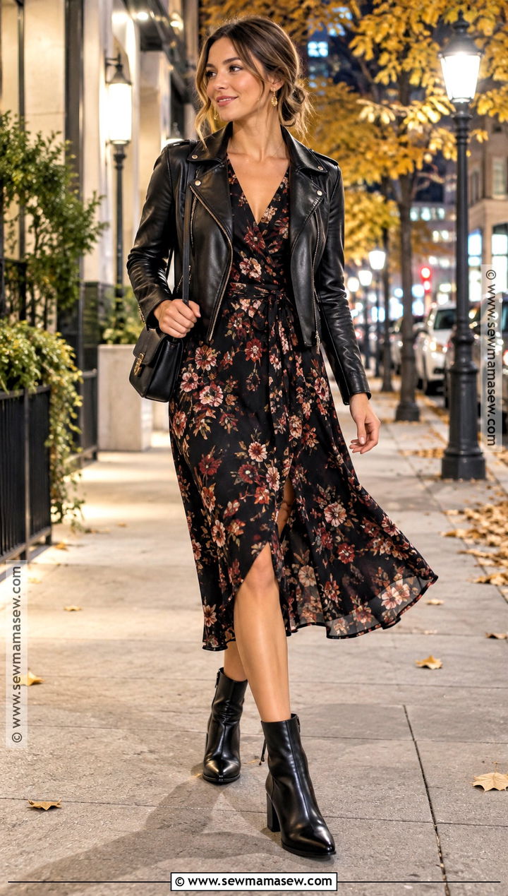 Dark Floral Midi Dress And Ankle Boots Autumn Night Out Outfit - 20 night out autumn outfit ideas