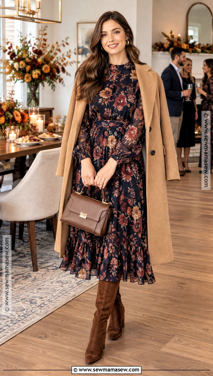 Dark Floral Midi Dress And Suede Boots Fall Party Outfit - 20 fall party outfits