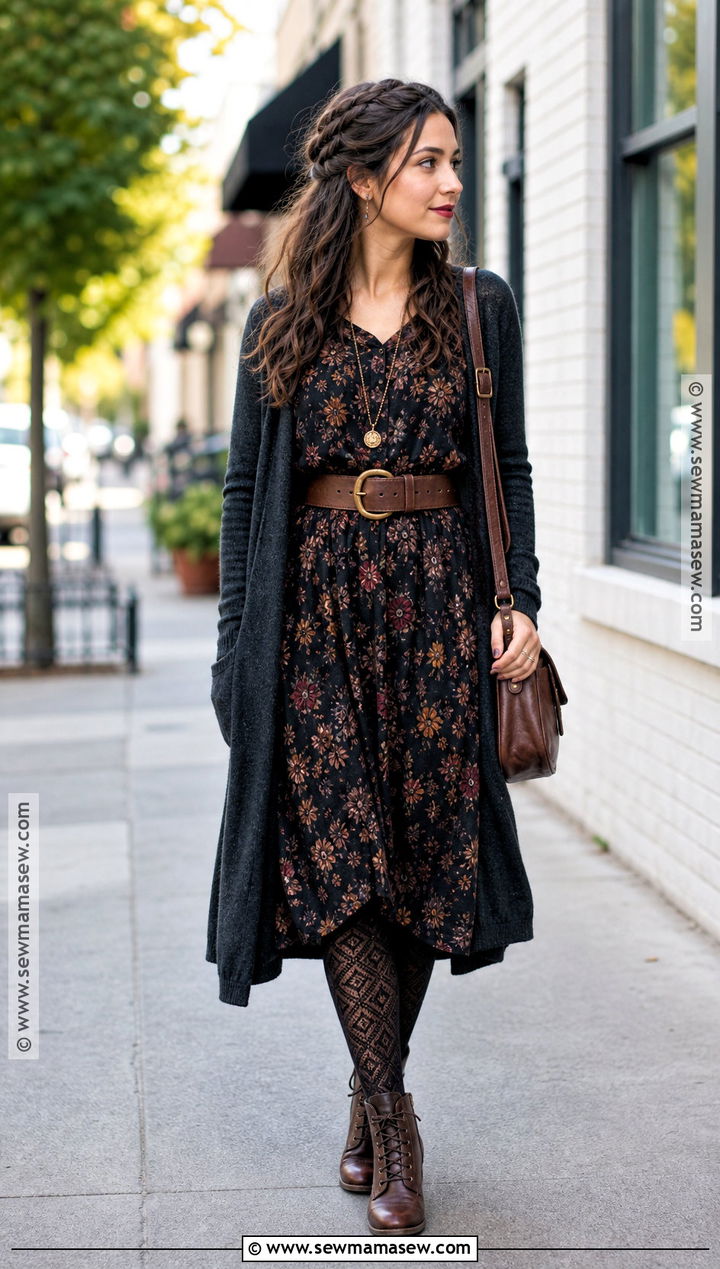 Dark Floral Midi Dress Boho Witch Outfit - 30 Boho Witch Outfits
