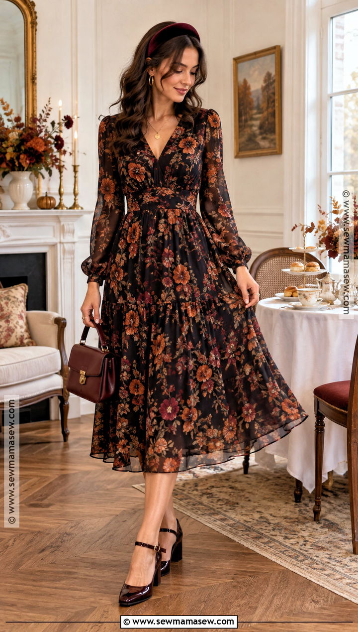 Dark Floral Midi Dress Fall Birthday Outfit - 20 Fall Birthday Fits