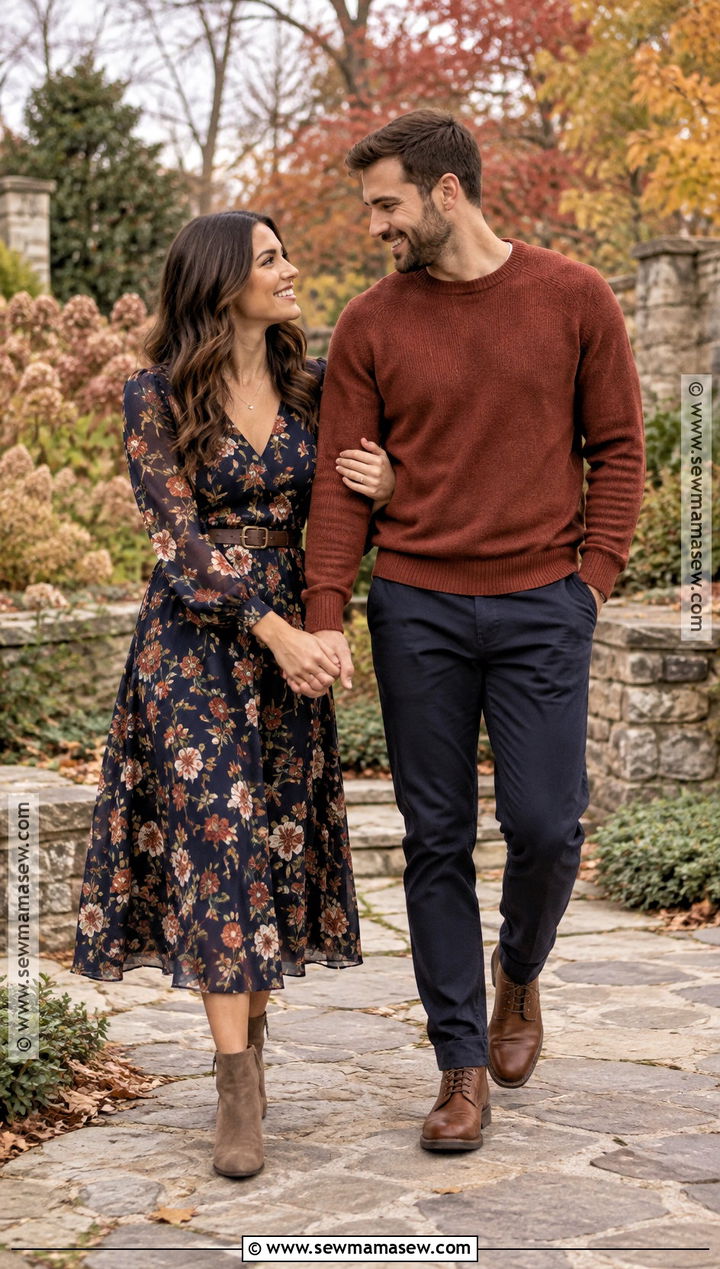 Dark Floral Midi Dress Fall Engagement Photo Outfit - 25 fall engagement photo outfit ideas