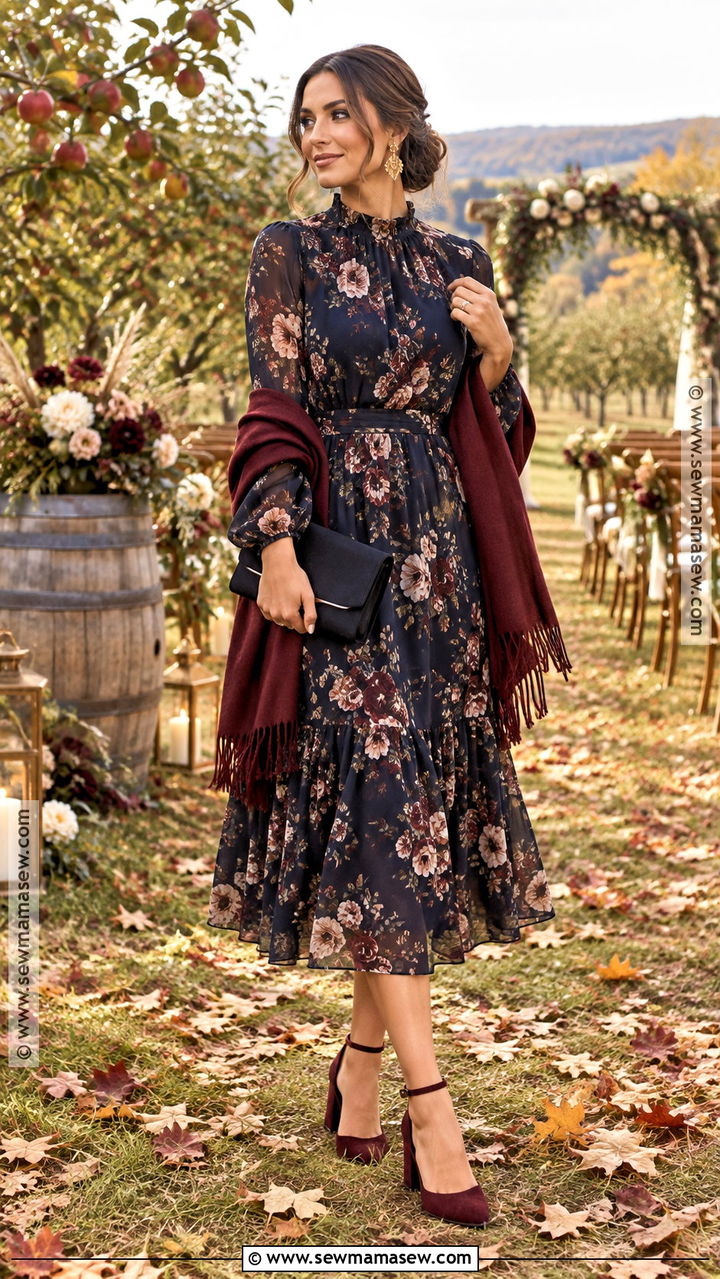 Dark Floral Midi Dress Fall Wedding Outfit - 20 fall outdoor wedding outfit guest ideas