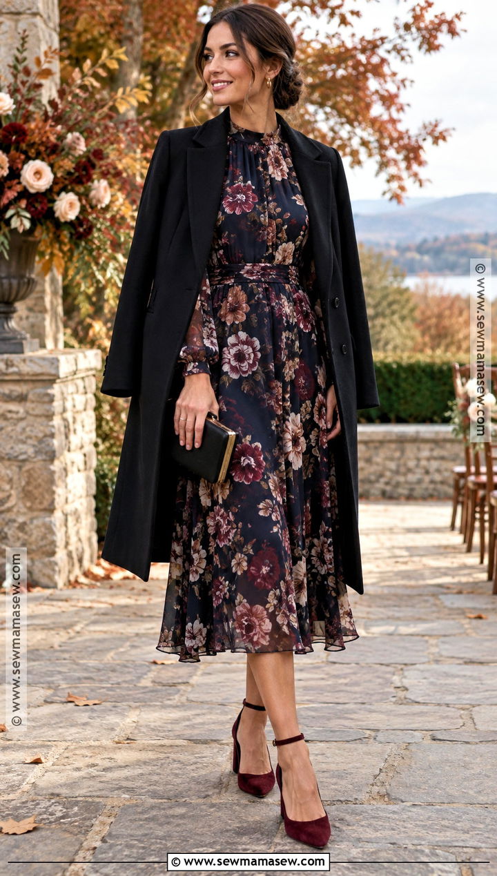 Dark Floral Midi Dress Outfit - 15 fall wedding guest cocktail attire ideas