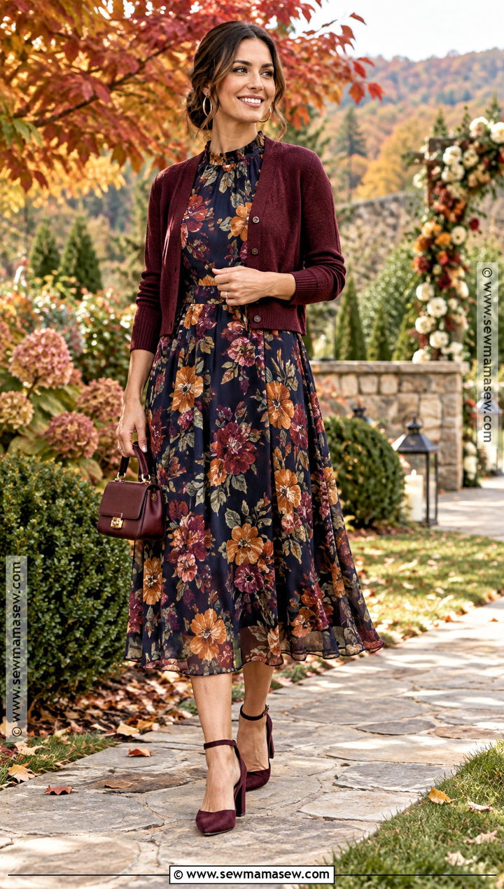 Dark Floral Midi Dress Outfit - 15 casual fall wedding outfit ideas