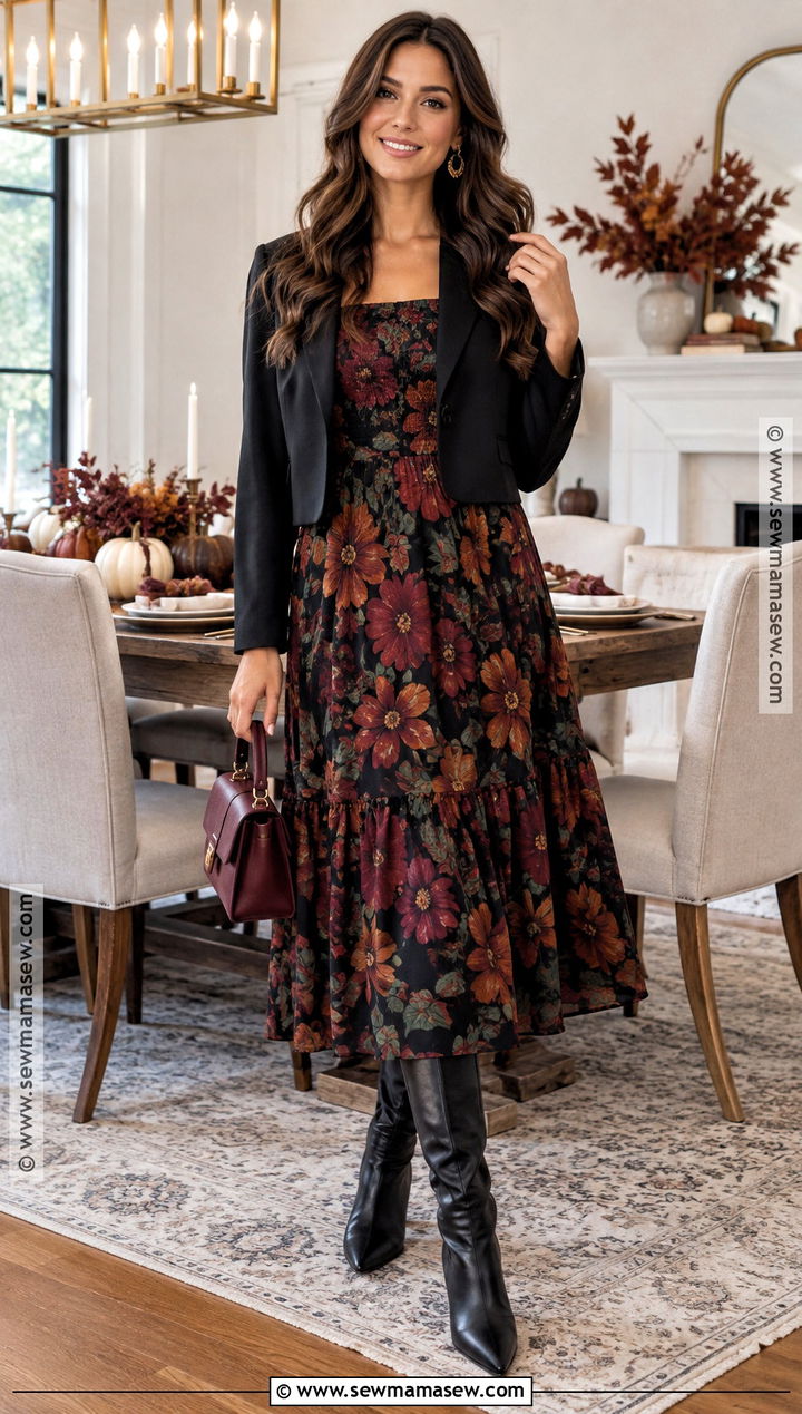 Dark Floral Midi Dress Thanksgiving Outfit - 20 Fancy Thanksgiving Outfit Ideas