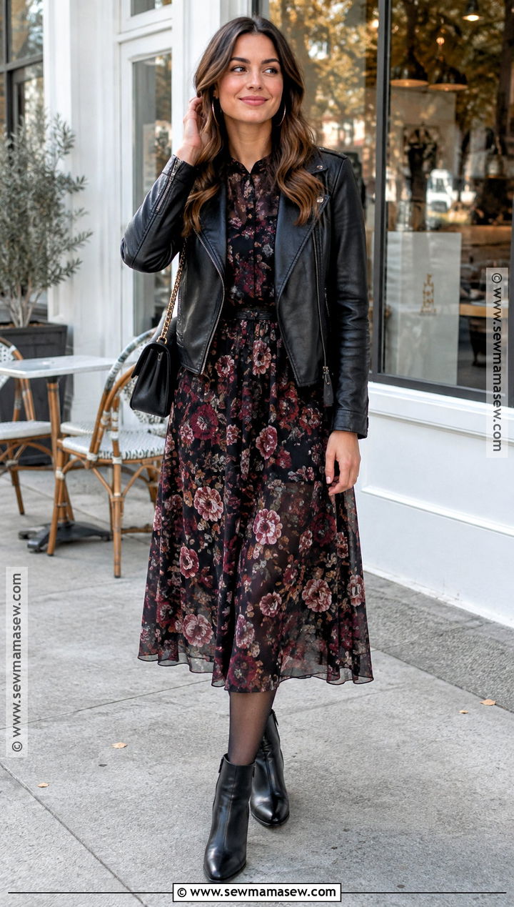 Dark Floral Midi Dress With Ankle Boots - 15 Cute Autumn Dresses