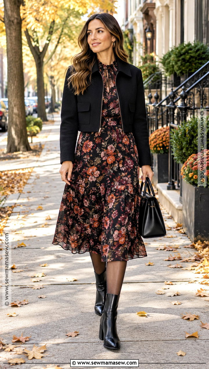 Dark Floral Midi Dress With Ankle Boots - 25 fall date night outfit dressy ideas
