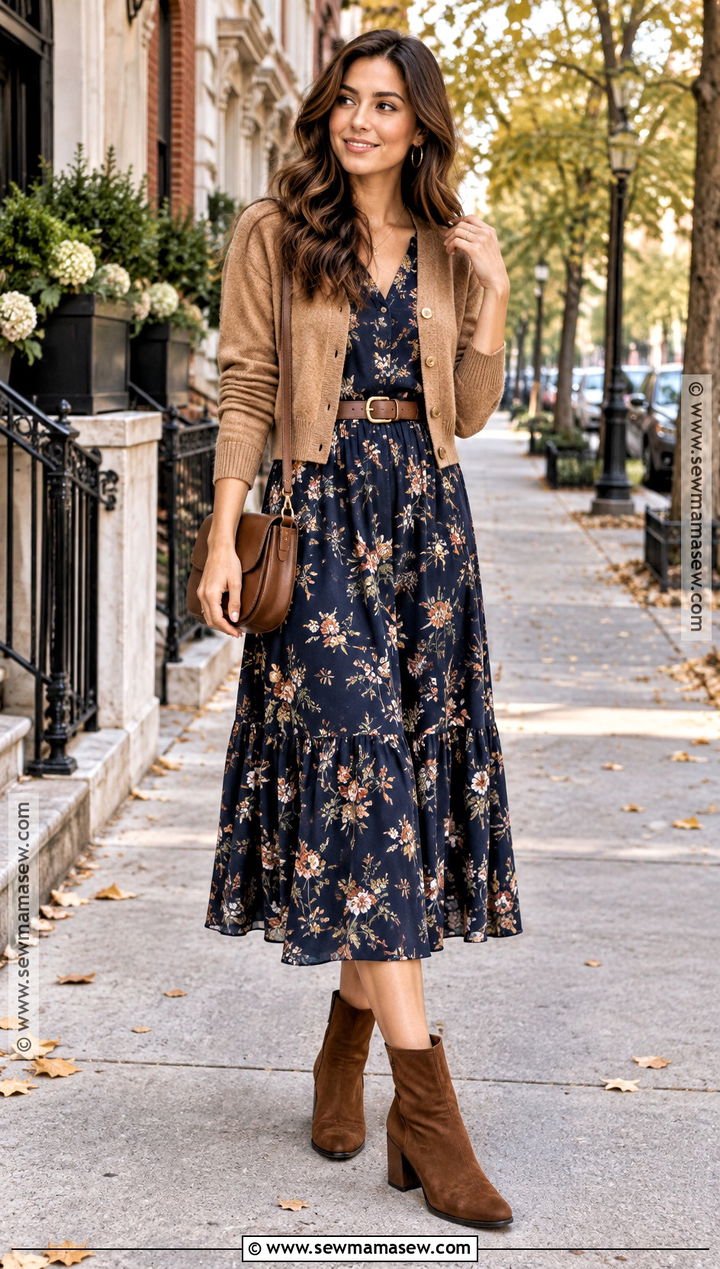 Dark Floral Midi Dress With Ankle Boots - 15 Autumn Floral Dress Ideas