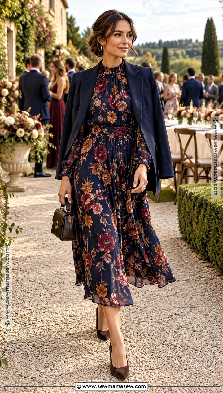 Dark Floral Midi Dress With Block Heels For October Wedding - 15 october wedding party attire ideas