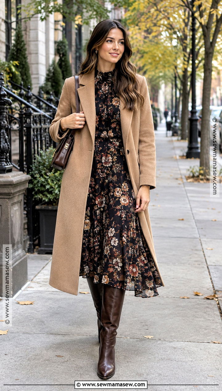 Dark Floral Midi Dress With Knee High Boots - 15 Autumn Floral Clothing Ideas