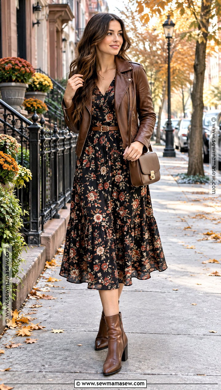 Dark Floral Midi Dress With Leather Jacket - 15 floral print fall outfit ideas