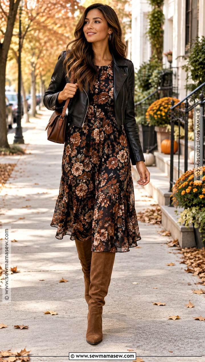Dark Floral Midi Dress With Suede Boots - 20 fall birthday dress ideas