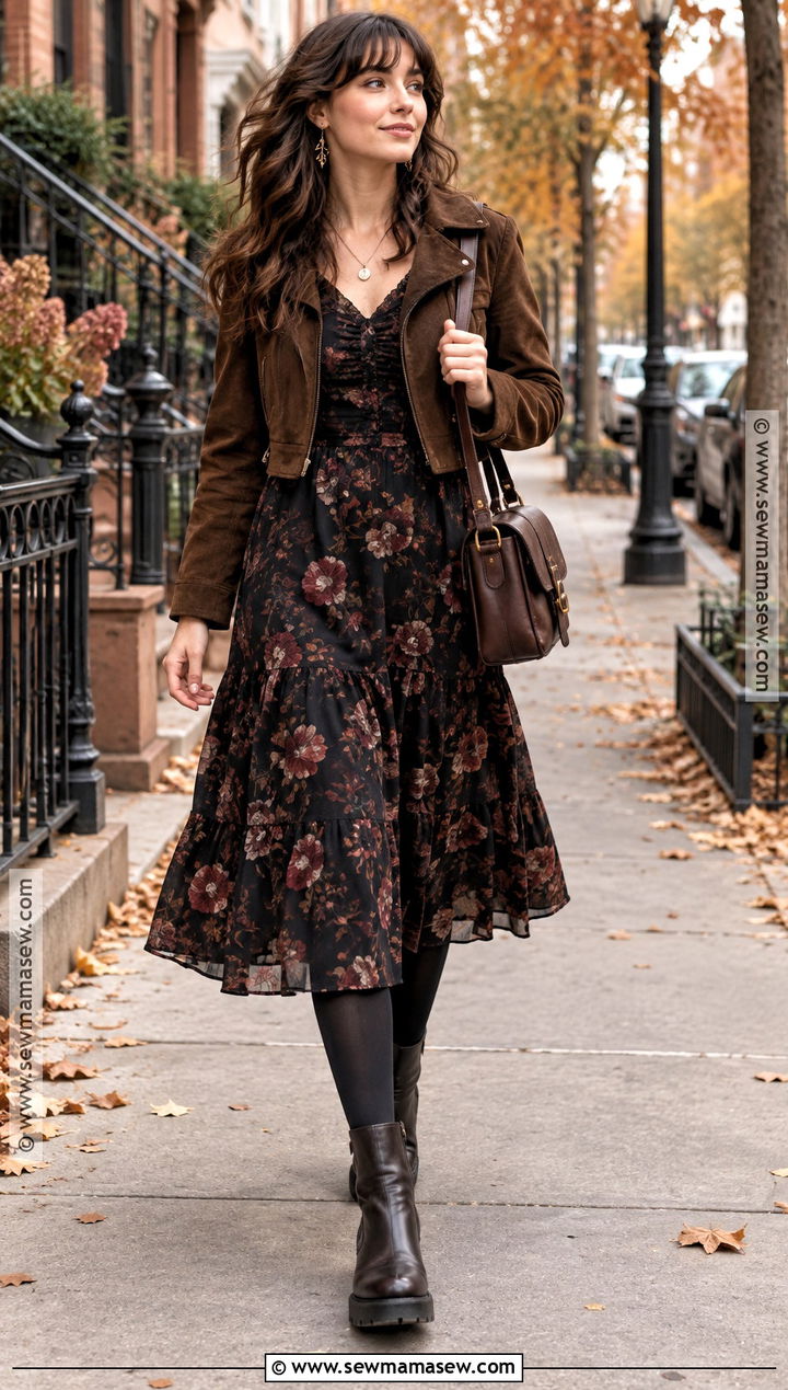 Dark Floral Midi Dress and Boots Whimsigoth Fall Outfit - 25 whimsigoth fall outfits