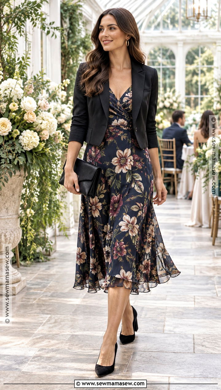 Dark Floral Midi Fall Wedding Guest Dress - 15 Wedding Guest Dress Cocktail Fall Ideas