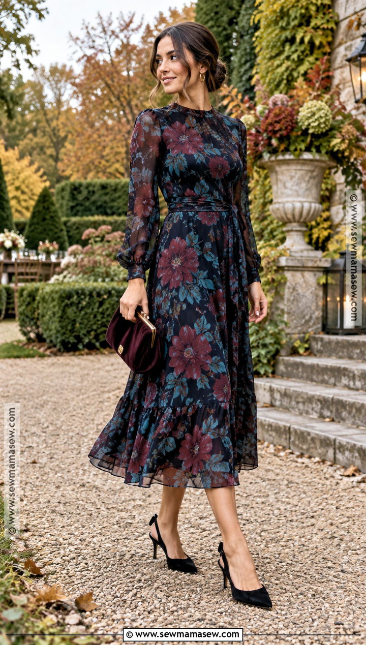 Dark Floral Midi Fall Wedding Look - 20 fall wedding looks