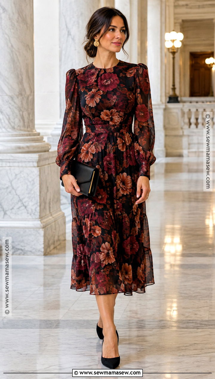 Dark Floral Midi Fall Wedding Party Outfit - 20 fall wedding party attire ideas
