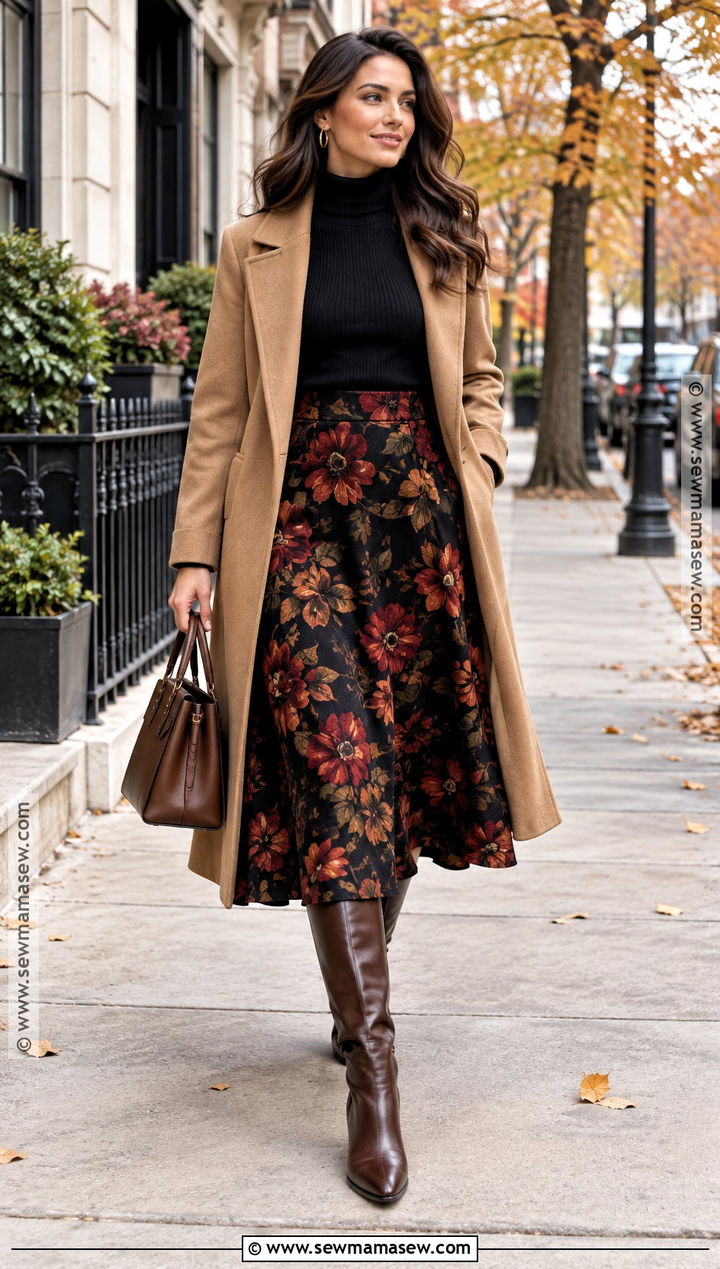 Dark Floral Midi Skirt Outfit - 15 autumn floral skirt design ideas