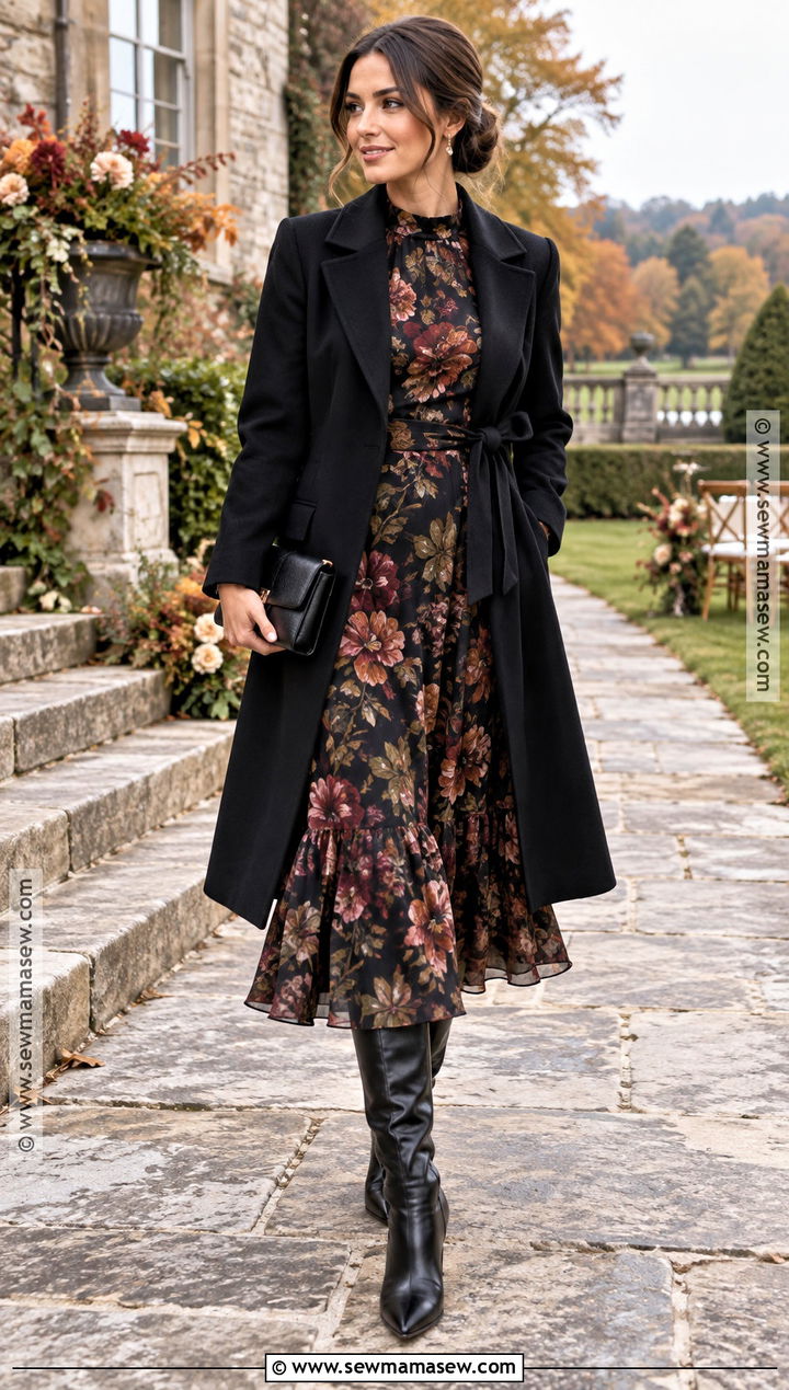 Dark Floral Midi Wedding Guest Outfit - 20 cold fall wedding guest outfit ideas