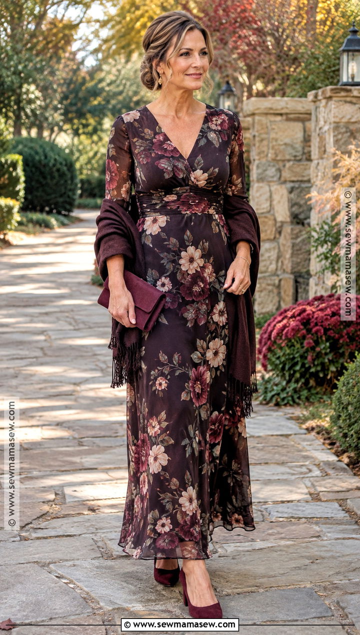 Dark Floral Mother of the Groom Maxi Dress With Burgundy Accessories - 20 mother of the groom dresses for fall outdoor