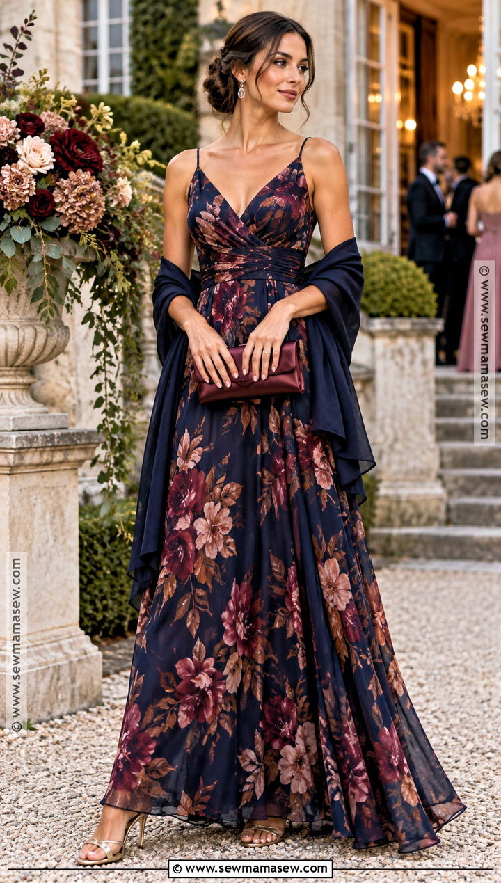 Dark Floral September Wedding Guest Gown - 25 september wedding guest dress ideas