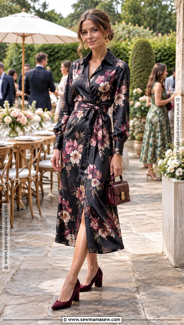 Dark Floral Shirt Wedding Guest Dress - 20 early fall wedding guest dress ideas