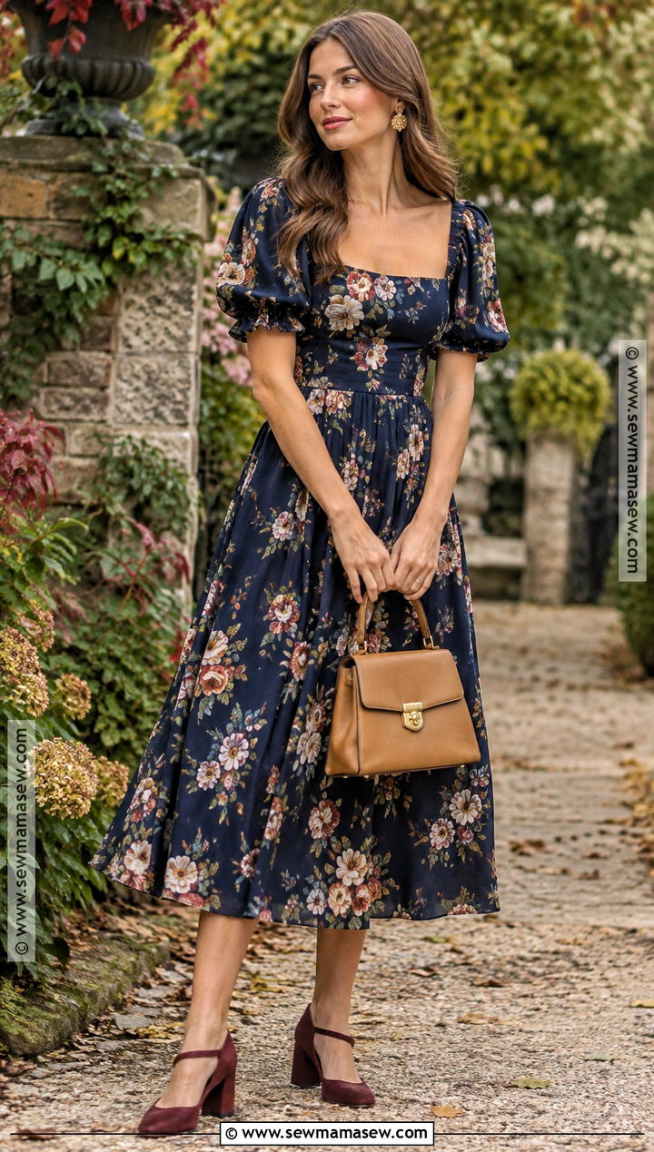 Dark Floral Tea Dress For A Fall Brunch Wedding - 15 fall brunch wedding guest dress ideas