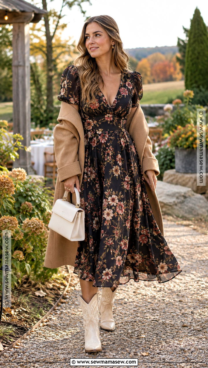 Dark Floral Tea Dress With Cream Fall Wedding Cowboy Boots - 15 Fall Wedding Cowboy Boots